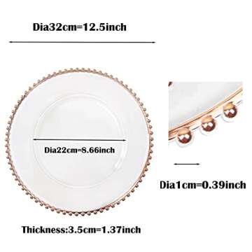 Maiangel Acrylic Rose Gold Beaded Clear Charger Plates 13" In Bulk Wedding Set of 12, Round Plastic Charger Plates,Decorative Dinner Plates For Table Setting Events