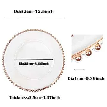Maiangel Acrylic Rose Gold Beaded Clear Charger Plates 13" In Bulk Wedding Set of 12, Round Plastic Charger Plates,Decorative Dinner Plates For Table Setting Events