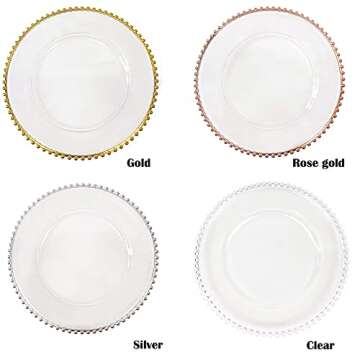 Maiangel Acrylic Rose Gold Beaded Clear Charger Plates 13" In Bulk Wedding Set of 12, Round Plastic Charger Plates,Decorative Dinner Plates For Table Setting Events