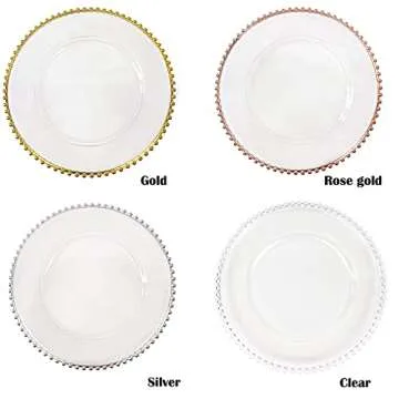 Maiangel Acrylic Rose Gold Beaded Clear Charger Plates 13" In Bulk Wedding Set of 12, Round Plastic Charger Plates,Decorative Dinner Plates For Table Setting Events