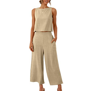 ANRABESS Women's Summer 2 Piece Outfits Sleeveless Crop Top Capri Wide Leg Pants Jumpsuit Casual Lin...