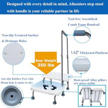 Aliseniors Step Stool with Handle and Non-Skid Platform, Heavy Duty 2 Steps Medical Foot Stool for Adult, Seniors, Handicap Holds up to 350 lbs