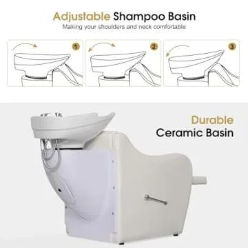 BarberPub Backwash Ceramic Shampoo Bowl Sink Chair Station Spa Salon Beauty Bowls 9089 (Off White) 60.2"L