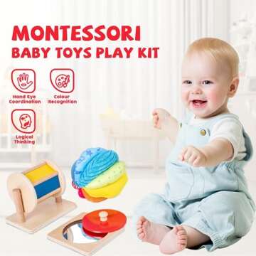 Montessori Baby Toys Play Kit Montessori Mirror Peekaboo Knob Puzzle, Medium Spinning Drum and Rainbow Fabric Ball Kit Toys for 6-12Months Toddlers (Play Kit 1)