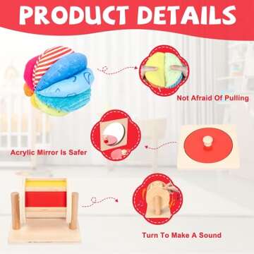 Montessori Baby Toys Play Kit Montessori Mirror Peekaboo Knob Puzzle, Medium Spinning Drum and Rainbow Fabric Ball Kit Toys for 6-12Months Toddlers (Play Kit 1)