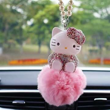 Cute Anime Cat Car Accessories for Women and Girls Bling Diamond Rear View Mirror Accessories Car Mi...