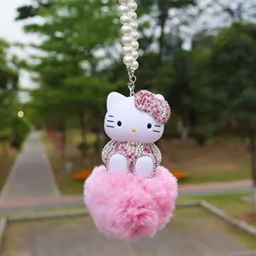 Cute Anime Cat Car Accessories for Women and Girls Bling Diamond Rear View Mirror Accessories Car Mirror Hanging Accessories Ornament Funny Car Decor Pendant Car Charm(Pink)