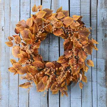 YNYLCHMX Artificial Wreaths for Front Door,18 Inch Golden Leaves Eucalyptus Wreath, Modern Farmhouse Wreath for Porch Decor, Front Door Hanging Window&Wall Decoration, Autumn Garland