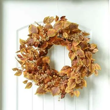YNYLCHMX Artificial Wreaths for Front Door,18 Inch Golden Leaves Eucalyptus Wreath, Modern Farmhouse Wreath for Porch Decor, Front Door Hanging Window&Wall Decoration, Autumn Garland