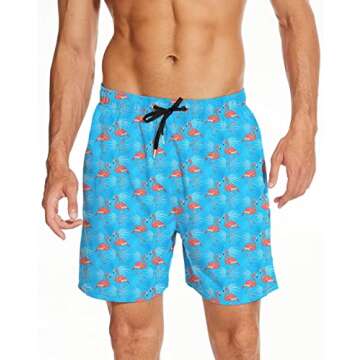 BAYAMO Men's Swim Trunks with Compression Liner 2 in 1 Quick Dry Board Shorts Swimwear Swimsuit for Men with Zipper Pockets Turquoise Flamingo L