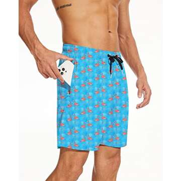 BAYAMO Men's Swim Trunks with Compression Liner 2 in 1 Quick Dry Board Shorts Swimwear Swimsuit for Men with Zipper Pockets Turquoise Flamingo L