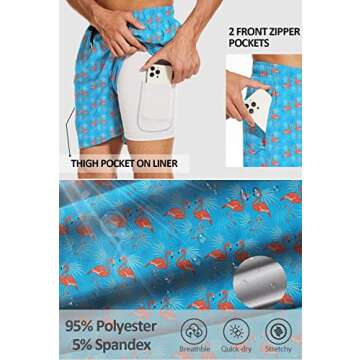 BAYAMO Men's Swim Trunks with Compression Liner 2 in 1 Quick Dry Board Shorts Swimwear Swimsuit for Men with Zipper Pockets Turquoise Flamingo L