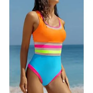 popvil Neon Color Block One Piece Bathing Suit for Women Mesh Tummy Control Swimsuit Teens High Cut Sporty Swimwear Rainbow Small
