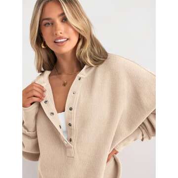 PRETTYGARDEN Womens Fashion 2024 Long Sleeve Hoodie Oversized Button Up V Neck Sweatshirt Side Slit Casual Pullover Tops(Beige,X-Large)