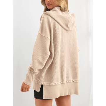 PRETTYGARDEN Womens Fashion 2024 Long Sleeve Hoodie Oversized Button Up V Neck Sweatshirt Side Slit Casual Pullover Tops(Beige,X-Large)