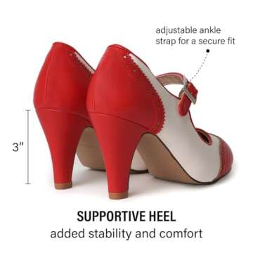 J. Adams Kym Mary Jane Shoes Women Oxford Pumps - Cute Low Kitten High Heels - Retro Vintage Shoes for Women 1950s Mary Janes Round Toe Shoe with Ankle Strap - Women Dress Shoes