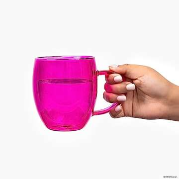 Dragon Glassware x Barbie Double Walled Glass Coffee Mugs - 16 oz, Set of 2 Glass Coffee Cups to Keep Beverages Hot or Cold Longer - Pink and Magenta Double Walled Crystal Mugs