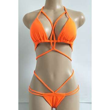 QINSEN Womens Sexy Braid Halter Brazilian Thong Two Pieces Bikini Swimsuit Orange S