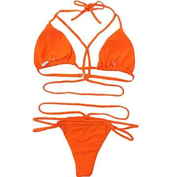 QINSEN Womens Sexy Braid Halter Brazilian Thong Two Pieces Bikini Swimsuit Orange S