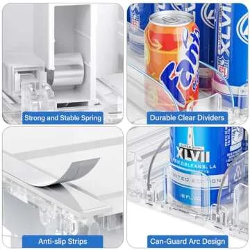 LAMU Drink Organizer for Fridge, Soda Can Organizer Dispenser for Refrigerator with Automatic Pusher Glide, Width Adjustable Clear Dividers Can Holder for 6-20oz Beverage, 15''D x16.6''W, 5 Rows