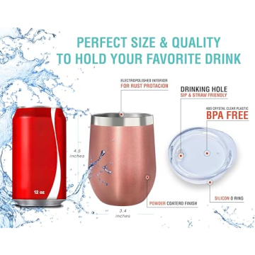 CHILLOUT LIFE Stainless Steel Wine Tumblers 2 Pack 12 oz - Double Wall Vacuum Insulated Wine Cups with Lids and Straws Set for Coffee, Wine, Cocktails (Rose Gold)