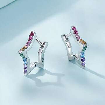 BISAER Star Earrings 925 Sterling Silver Cute Hoop Earrings for Women Hypoallergenic Small Sleeper T...