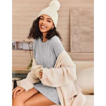 Ekouaer Women's Nightgown Long Sleeve Ribbed Knit Nightshirt Round Neck Sleep Shirt Soft Sweater Dress Light Grey M