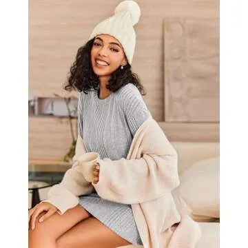 Ekouaer Women's Nightgown Long Sleeve Ribbed Knit Nightshirt Round Neck Sleep Shirt Soft Sweater Dress Light Grey M