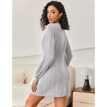 Ekouaer Women's Nightgown Long Sleeve Ribbed Knit Nightshirt Round Neck Sleep Shirt Soft Sweater Dress Light Grey M