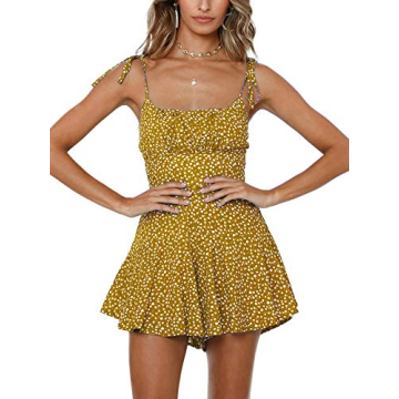 Jeanewpole1 Womens Boho Floral Print Tie Strappy Ruffle Pleated Short Jumpsuit Rompers Yellow