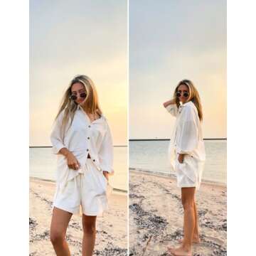 Zeagoo Womens Coordinated Outfit 2 Piece Tracksuits Sets Relaxed Long Sleeve Shirt Loose High Waisted Shorts Set, 04_white, Medium