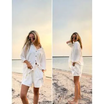 Zeagoo Womens Coordinated Outfit 2 Piece Tracksuits Sets Relaxed Long Sleeve Shirt Loose High Waisted Shorts Set, 04_white, Medium