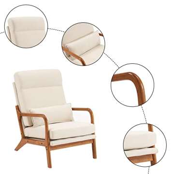 Karl home Accent Chair Mid-Century Modern Chair with Pillow Upholstered Lounge Arm Chair with Solid Wood Frame & Soft Cushion for Living Room, Bedroom, Balcony, Linen Beige (High Back)
