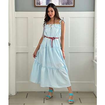 BTFBM Women 2024 Summer Maxi Dresses Sleeveless Spaghetti Strap Casual Sundress Tiered Ruffle Boho Cami Beach Long Dress(Solid Light Blue, Medium)
