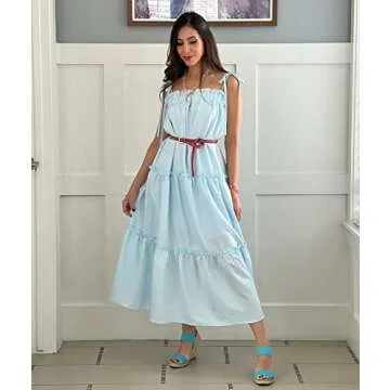 BTFBM Women 2024 Summer Maxi Dresses Sleeveless Spaghetti Strap Casual Sundress Tiered Ruffle Boho Cami Beach Long Dress(Solid Light Blue, Medium)