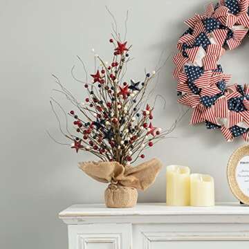 Red Berry & Star Table Tree for 4th of July Decoration