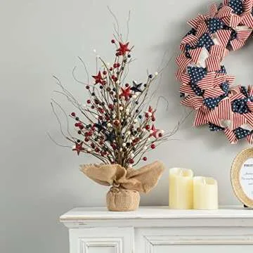 Red Berry & Star Table Tree for 4th of July Decoration