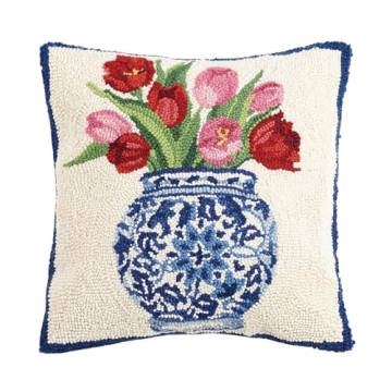 Peking Handicraft 30SER515AC16SQ Chinoiserie Vase Tulips Hook Pillow, 100% Wool and Cotton