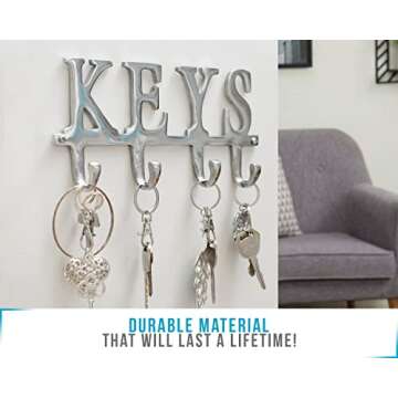 Comfify Key Holder for Wall - Cast Iron Decorative Farmhouse Rustic Wall Mount Key Organizer - 4 Key Hooks - Vintage Key Rack for Entryway with Screws and Anchors – 6x8” - Silver