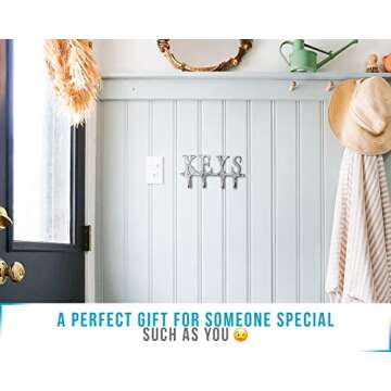 Comfify Key Holder for Wall - Cast Iron Decorative Farmhouse Rustic Wall Mount Key Organizer - 4 Key Hooks - Vintage Key Rack for Entryway with Screws and Anchors – 6x8” - Silver