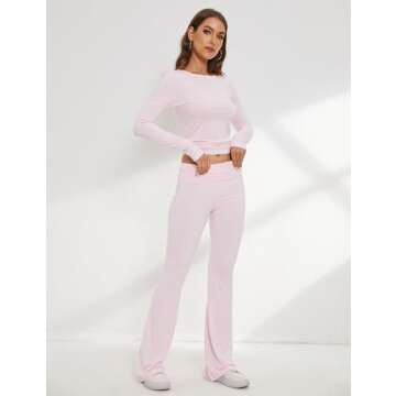 Anoumcy Women 2 Pieces Outfits Long Sleeve Crewneck Crop Shirt Top and Flare Pants Matching Set Two Piece Yoga Lounge Sets