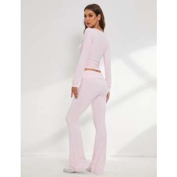 Anoumcy Women 2 Pieces Outfits Long Sleeve Crewneck Crop Shirt Top and Flare Pants Matching Set Two Piece Yoga Lounge Sets