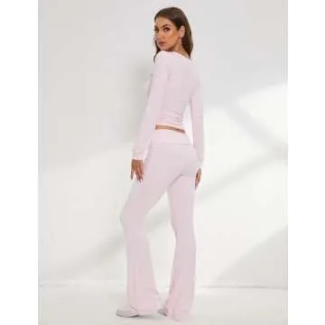 Anoumcy Women 2 Pieces Outfits Long Sleeve Crewneck Crop Shirt Top and Flare Pants Matching Set Two Piece Yoga Lounge Sets