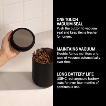 Fellow Atmos Electric Vacuum Canister & Storage Container - Airtight Coffee & Food Storage Containers - Coffee Containers - (Matte Black, 1.2 Liter)