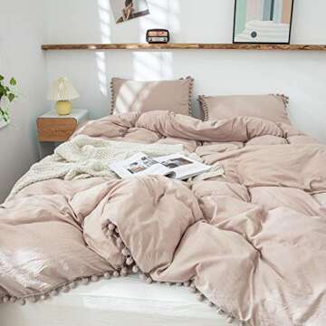 Taupe Twin Bedding Set with Pom Poms and Fringe