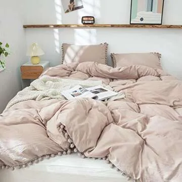 Taupe Twin Bedding Set with Pom Poms and Fringe