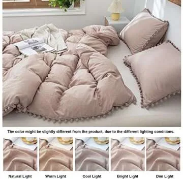 Taupe Twin Bedding Set with Pom Poms and Fringe