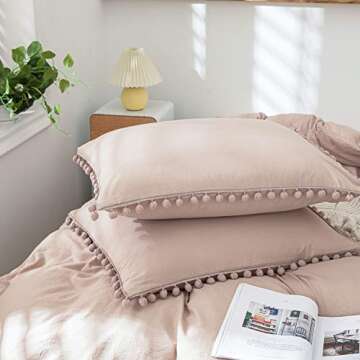 Taupe Twin Bedding Set with Pom Poms and Fringe