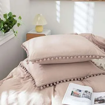 Taupe Twin Bedding Set with Pom Poms and Fringe