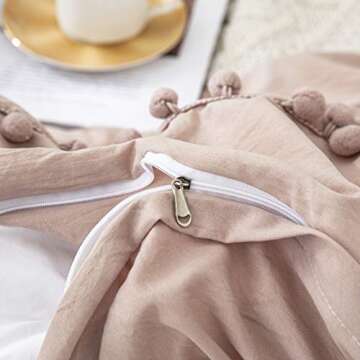 Taupe Twin Bedding Set with Pom Poms and Fringe